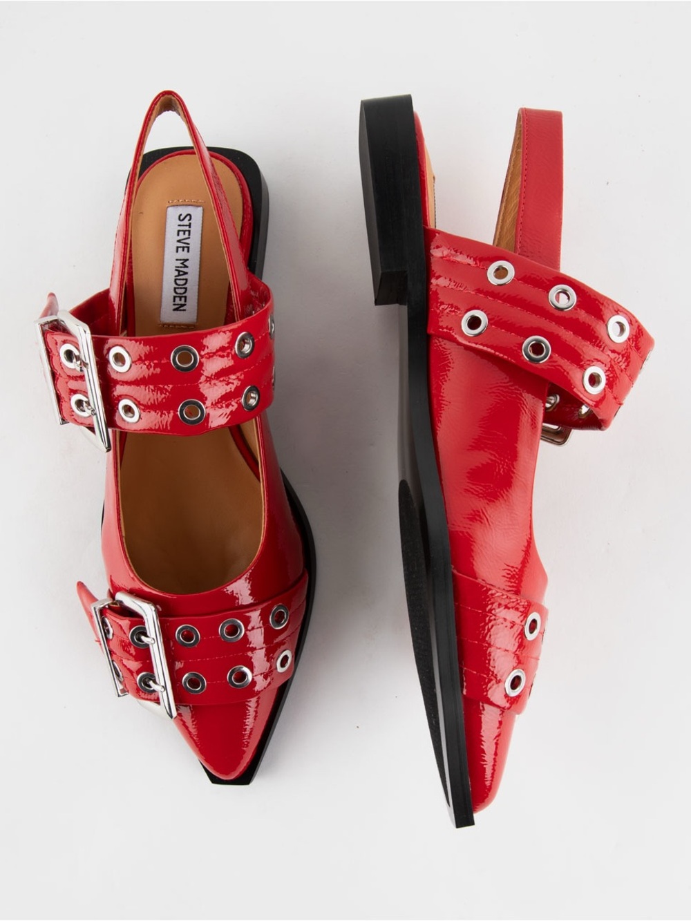Steve Madden Red Patent Pointed Slingback Flats with Buckle Straps